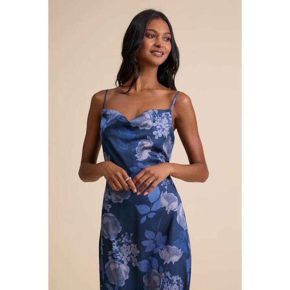 Lulus Favorite Icon Dark Blue Floral Satin Cowl Neck Slip Midi Dress - Size M